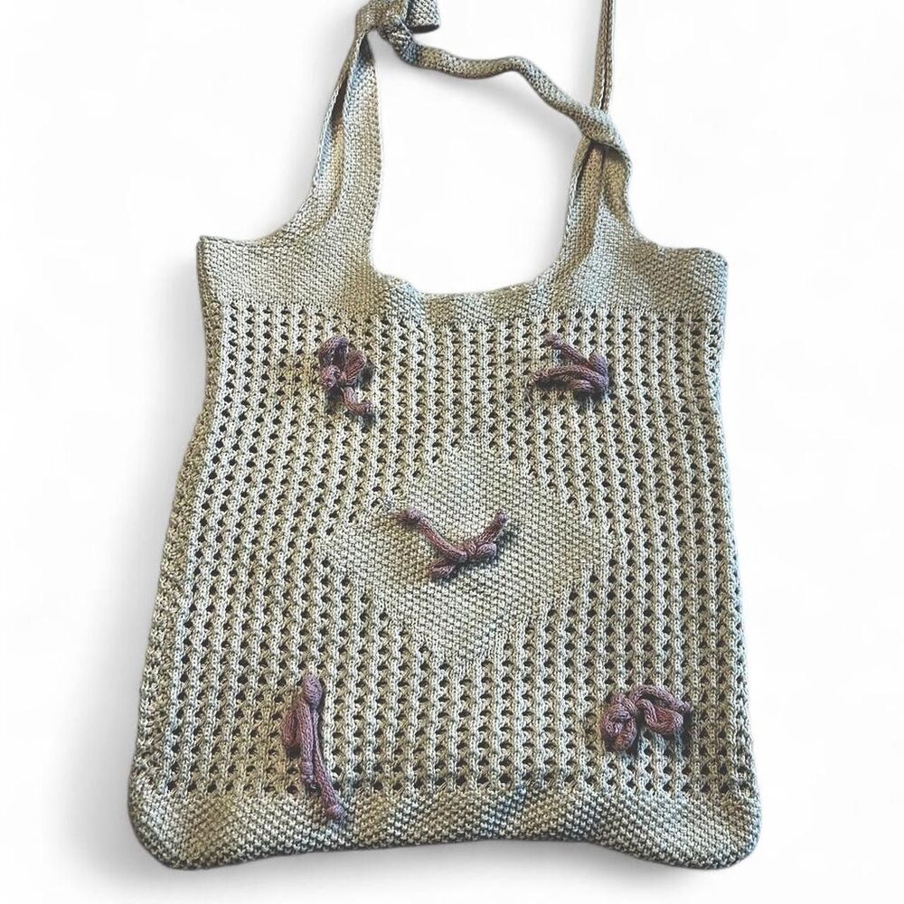 Cream Crochet Knit Tote Bag Pink Bow Detail Coquette Cottagecore